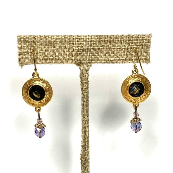 Earrings Dangles Drops Gold Tone Purple Crystals Buttons - Picture 11 of 11